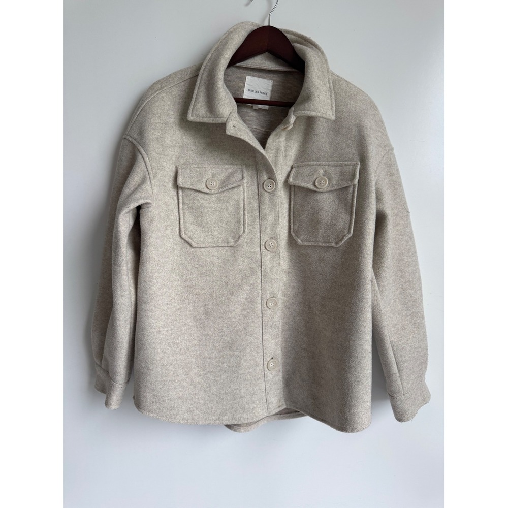 Avec Les Filles Oatmeal Heather Oversized Shacket Shirt Jacket Beige Medium lux